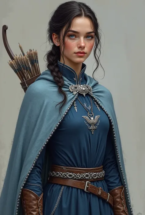 "Lyanna Arryn, 18 years old, has a strong, athletic build. She has dark brown hair, usually tied in a practical ponytail or a messy braid, and her piercing blue eyes stand out against her sun-kissed skin, marked with light freckles across her cheeks and no...