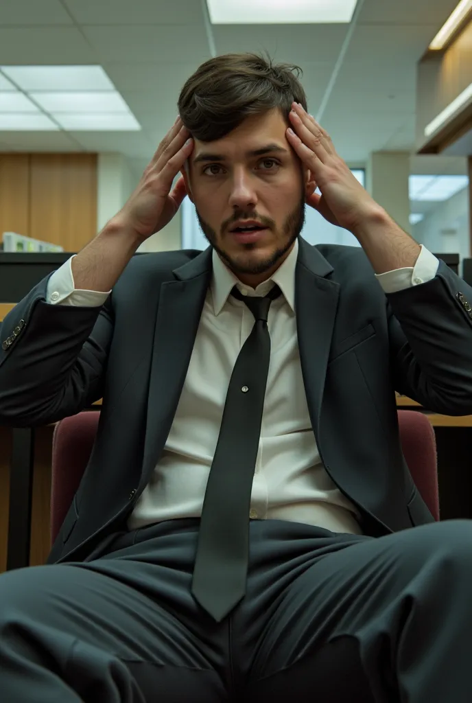 4k photograph of a slender young bimbo sitting in an office. (she has an upset face). She is wearing men's business casual clothing. She is wearing an oversized button-down shirt and a tie. Wearing a suit jacket. Her hands are on her head. scene from a mov...