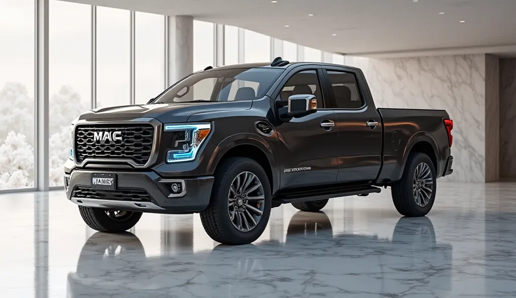 Ultra-photorealistic ( 2025 Mack Pickup Truck )  parked in a luxury showroom. Shot from ( strict right side view )  to emphasize (FOCUS: exterior design + door angles), featuring liquid-metallic black paint, ice-blue LED headlights (Off), chrome accents, a...