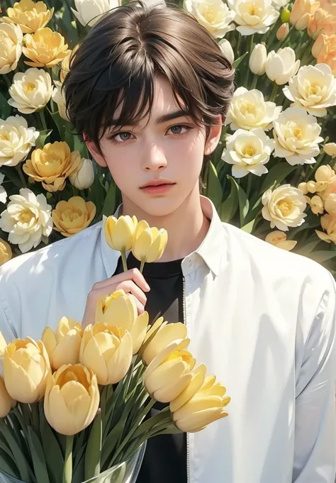 boy, handsome face, brown hair, black eyes, holding yellow tulips, yellow tulips background