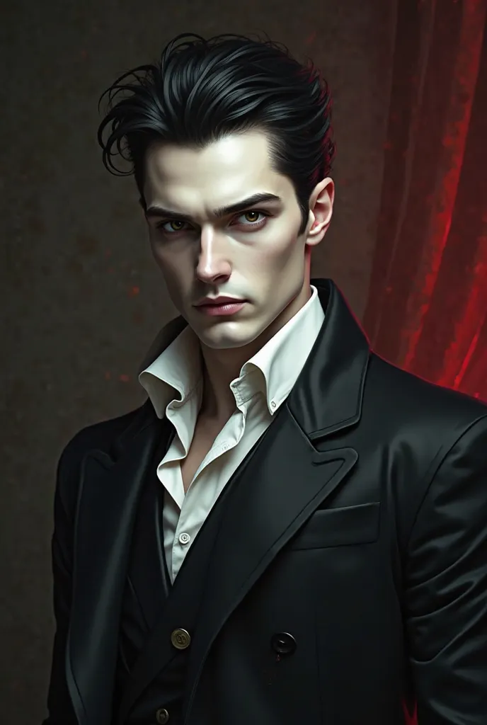 Handsome vampire man with pale skin and hazel eyes, tall black hair pulled up, wearing a black suit, his features close to the screen