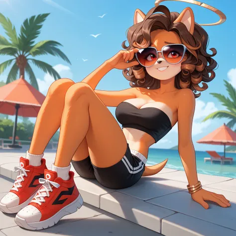 solo, mobian, hedgehog, two-tone fur ((orange fur, brown fur)), pyjama elastic shorts, strapless crop top, cleavage, high-top sneakers, two-tone hair (brown hair, black tip)), curly hair, halo, sunglasses, jewelry, red eyes, longeyelashes, red eyes, smile,...