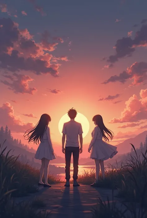 a calm scenery of a sky turning into a sunset, with 1 shadow of a male character in the middle facing the back while 2 shadows of females facing each other