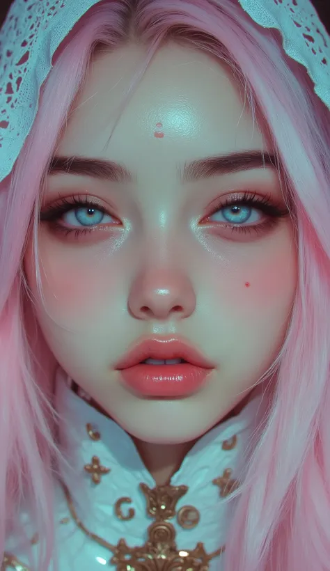 Woman, baby pink hair, long hair, Layered Wavy hair, light blue eyes, white skin, a little freckles under the eyes, light Makeup and Lipstick, eyeliner, mesh White Niqab veil, Zoom in a shot to make half of the face fill the picture, ( Make the frame show...