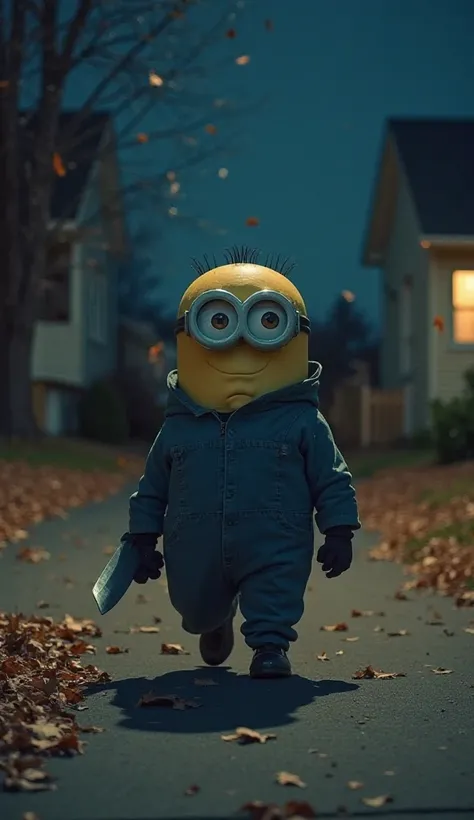 "A Minion in a dark blue jumpsuit and an expressionless white mask, holding a large knife while walking slowly down a suburban street at night. The surrounding houses have lights off, except for a bright window, and dry leaves fly across the ground, captur...