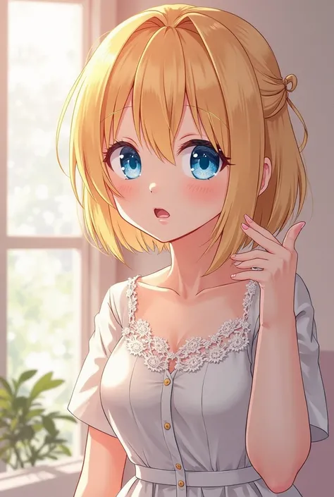 Generate a beautifull blond hair innocent anime woman very smillar to ai hoshino with blue innocent mersmerizing eyes just like ai hoshino, and her personality and face expressions, make her wear a cute dress short with lace