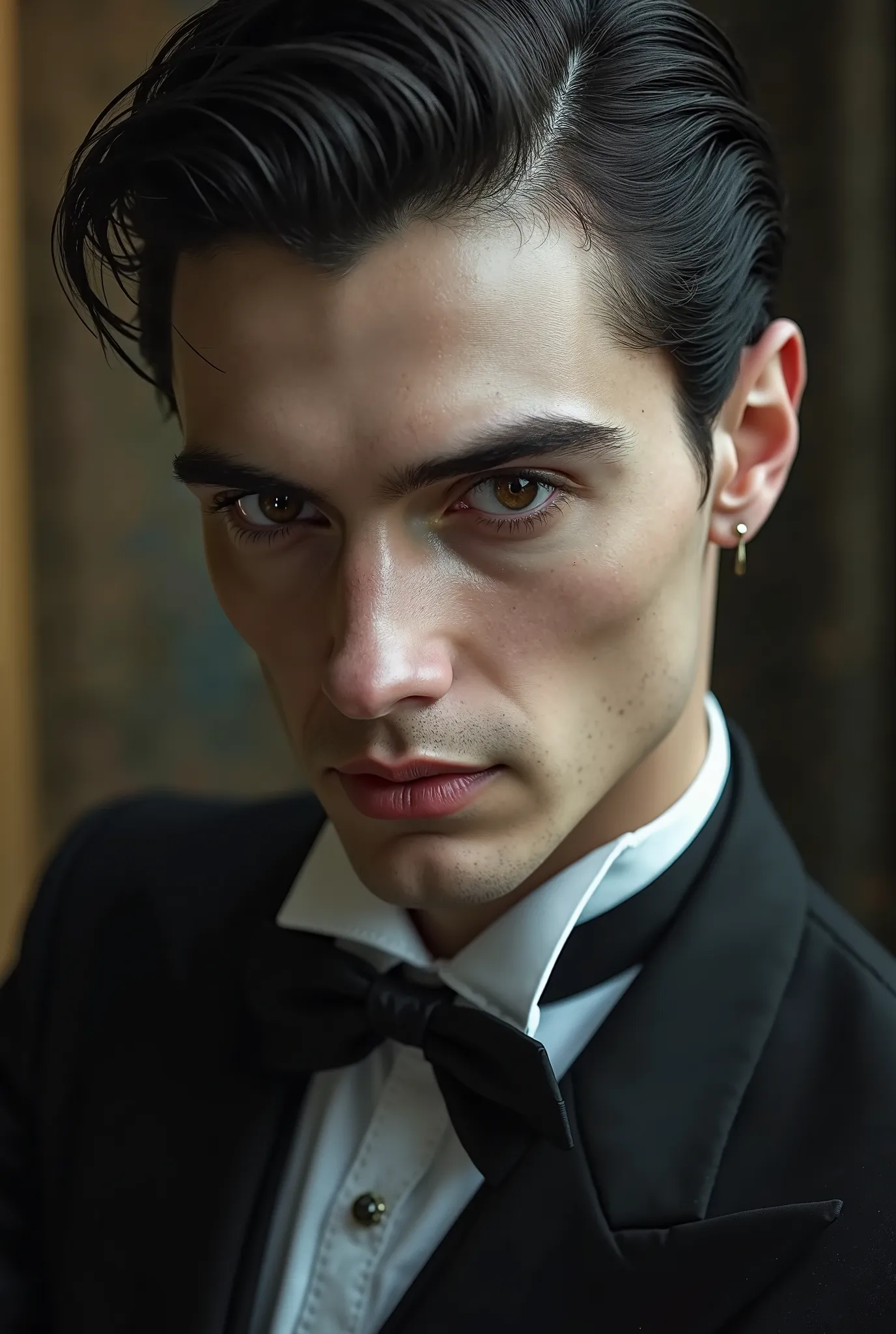 Handsome vampire man with pale skin and hazel eyes, tall black hair pulled up, wearing a black suit, his features close to the screen