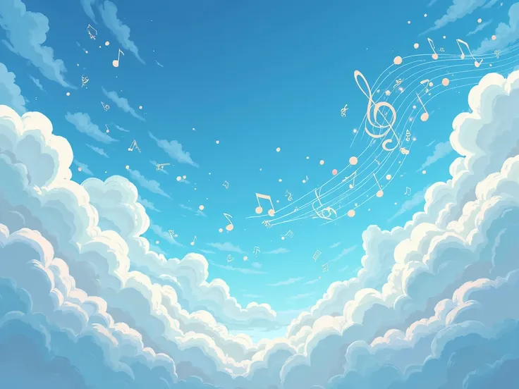 Create a Pixar Cartoon-style image of a dream world with musical notes flying across the blue sky