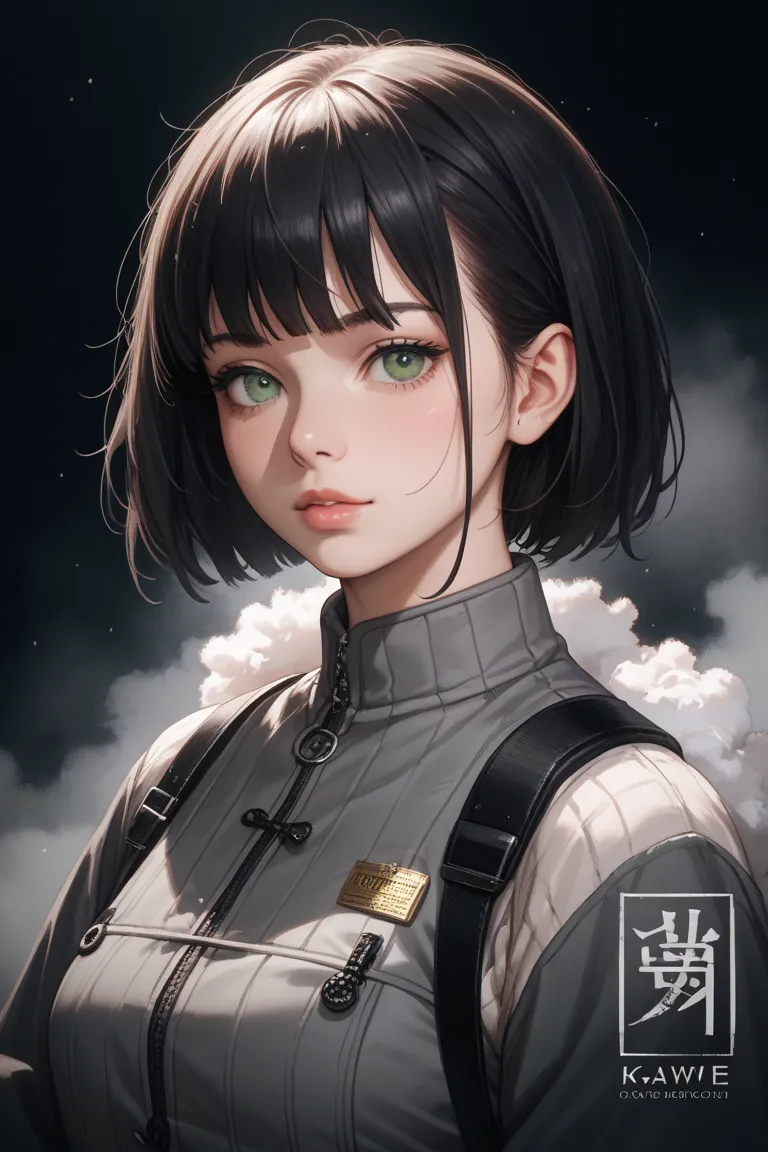 Japanese anime style black hair Bob Kuwae tobacco cold color manga pink green eyes black background gray black hair face only