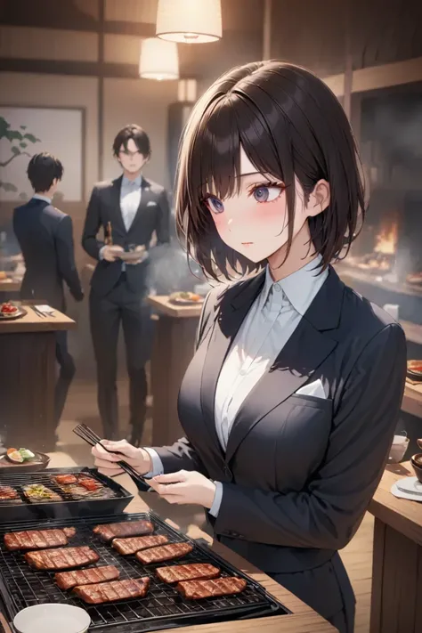 Japanese-style wooden yakiniku restaurant filled with smoke。Dark haired short hair with shyly blushing and tightly closed mouth、dark eyed woman 。A formal suit with a wide chest。They are grilling yakiniku。 Chest Valley。BEST QUALITY ILLATION 。Realistic color...