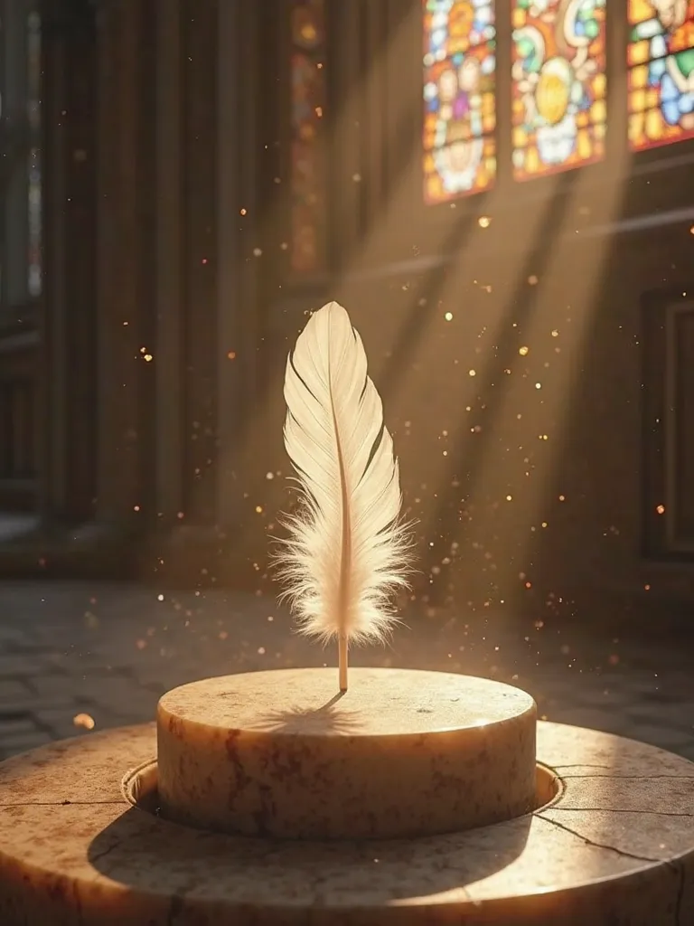 Angel’s Lost Feather,

A softly glowing white feather drifts down from the sky, gently landing on an ancient marble pedestal within a grand cathedral. Sunbeams filter through intricate stained glass, casting colorful reflections on the stone floor. Dust pa...