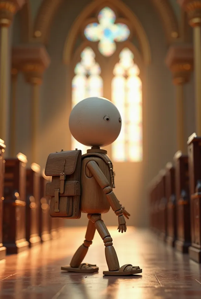 Personagem estilo wood toy story, bald, With flip flops, White color, with a giant backpack on the back, Entering the Church