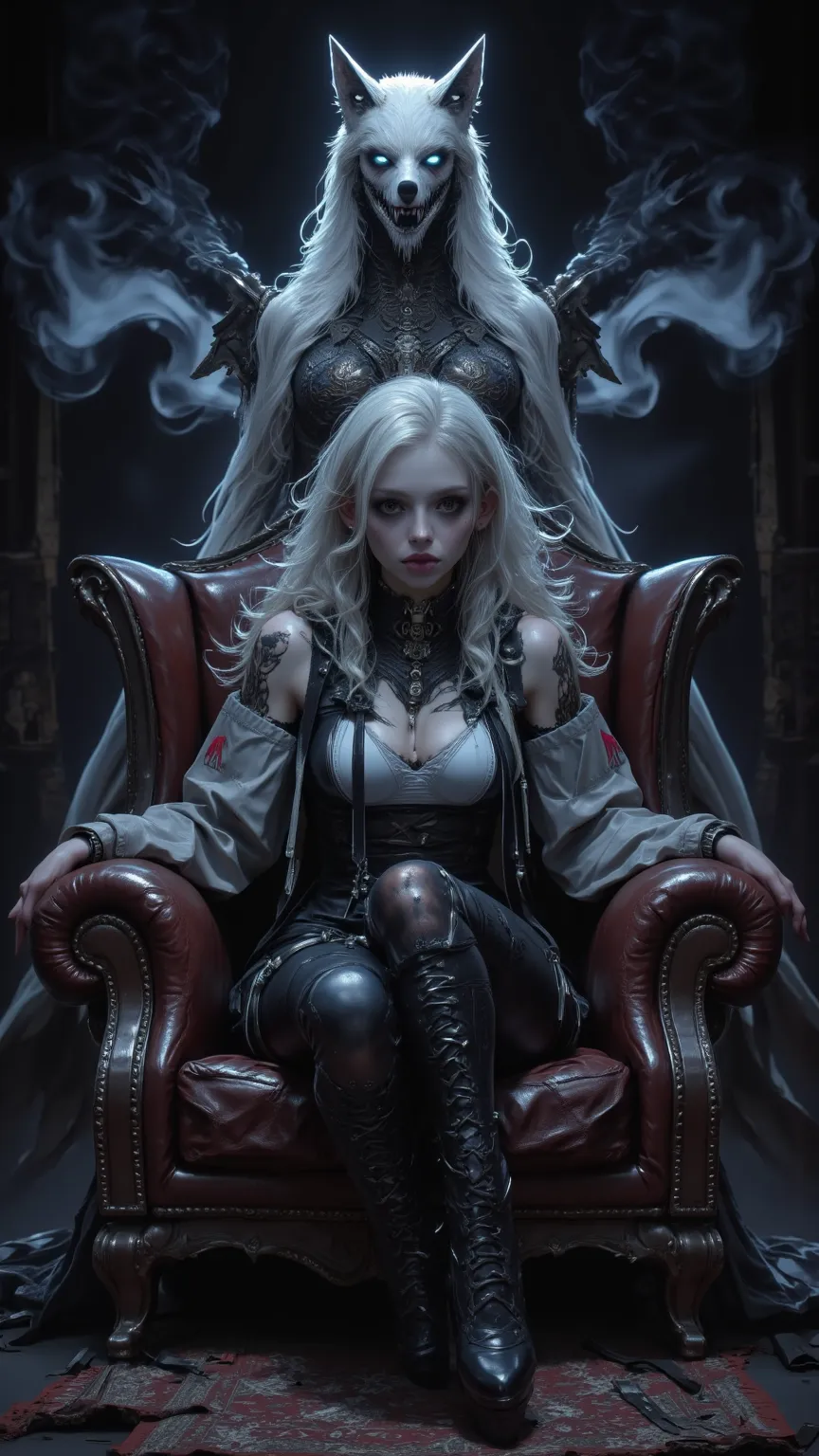 A highly detailed and dramatic piece of digital art，with a dramatic and gloomy atmosphere。Centered on two characters in a dark room。 in the foreground ，A pale skinned woman sits on a broken leather armchair。She wears an open top and ripped jeans，exudes a r...