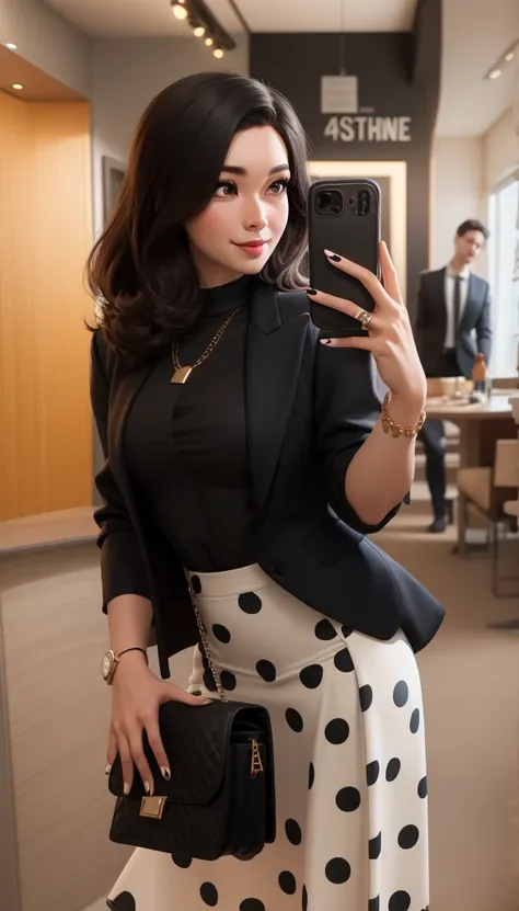 a woman taking a selfie in a black and white polka skirt, outfit photo, 30 years old woman, 3 0 years old woman, wearing black vest and skirt, wearing a fancy black jacket, black outfit, profile image, ready for a meeting, black and white, black and white ...