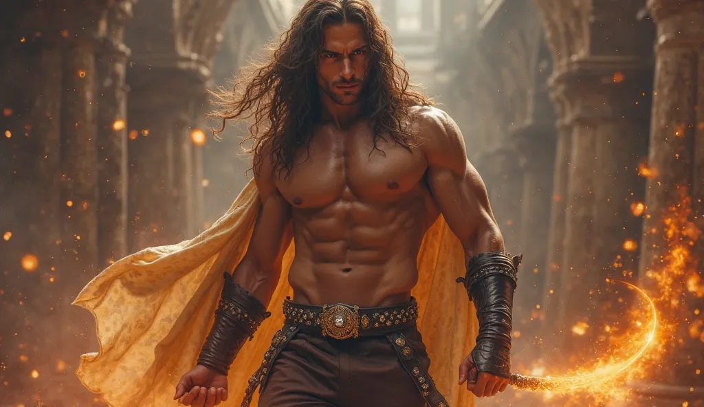 please imagine a young handsome tall super muscular physique bulging muscles 12-pack abs antihero Wraith wielding immense magical powers in his hands. dressed in brown leather pants, brown skin tight leather shirt, black diamond-encrusted belt, and black l...