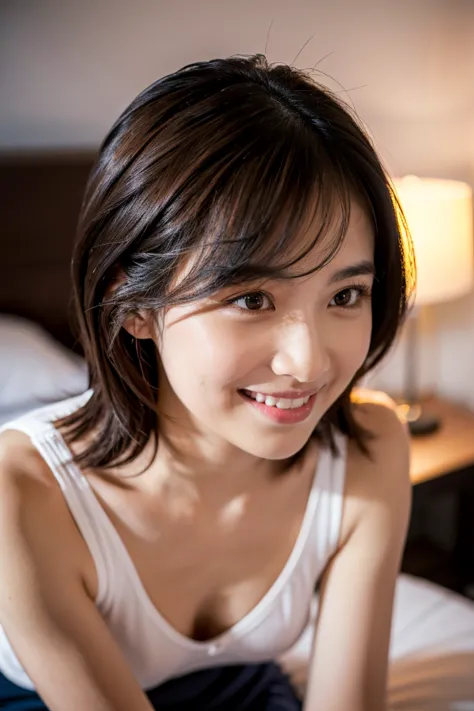 A cute 35-year-old Japanese woman、is standing on all fours in the bedroom。With short black hair、In white underwear、looking at the camera with a smile even though she is slightly embarrassed。