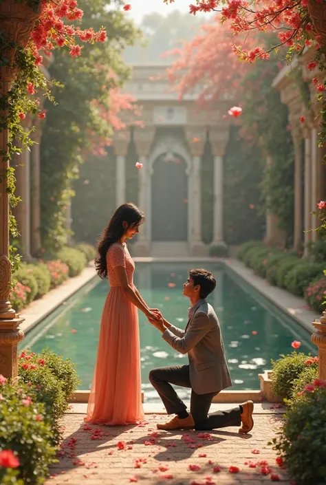 I want a photo of the boy putting the ring on the girl during the proposal ceremony in the palace garden, let the text BAHAR and KEMAL proposal ceremony be on the screen