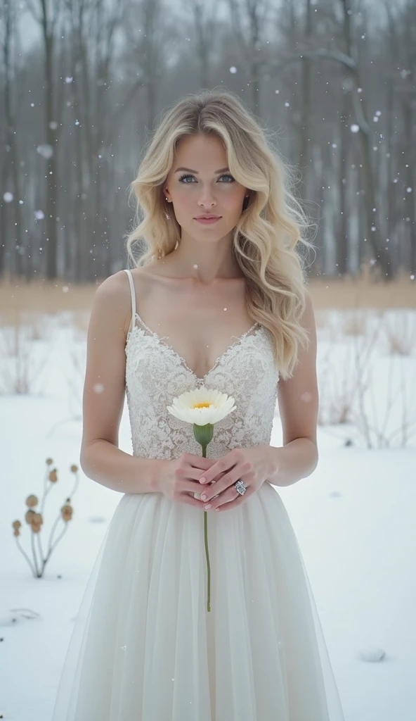 Create a video featuring a bride, wearing a wedding dress, standing in a snowy field or meadow. She is holding a flower in her hands that is still in a bud, not yet bloomed. The background behind the bride shows a winter landscape with snow, snow-covered t...