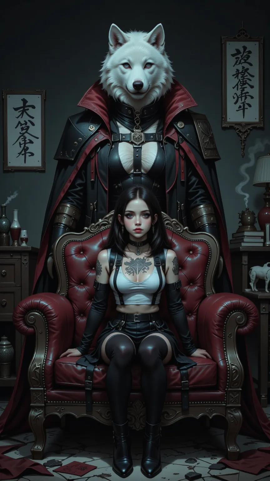 A highly detailed and dramatic piece of digital art，with a dramatic and gloomy atmosphere。Centered on two characters in a dark room。 in the foreground ，A pale skinned woman sits on a broken leather armchair。She wears an open top and ripped jeans，exudes a r...