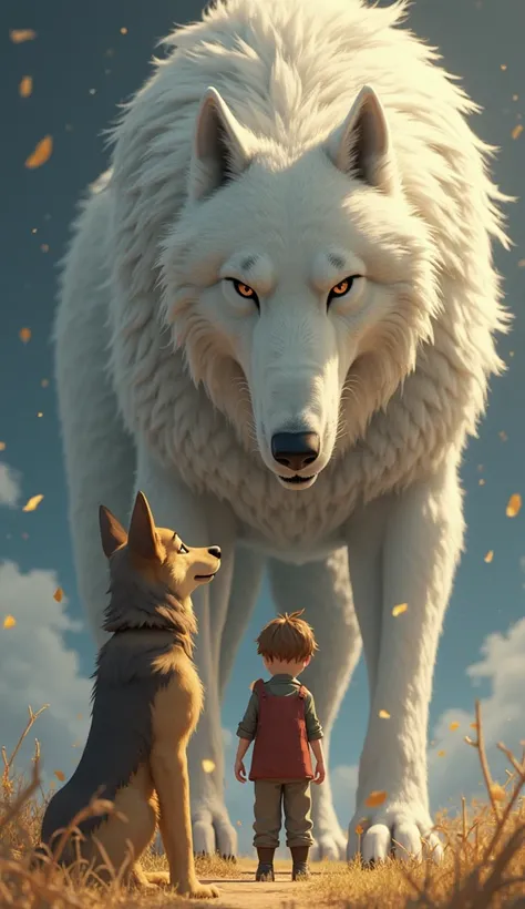 "A 3D cartoon-style cinematic image where the Last Guardian, an immense white wolf looks directly at Bruno, a strong and courageous German shepherd, with golden fur with dark tones on his back, bright brown eyes, his words echoing like thunder. His body st...