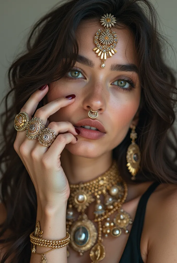 The image features a person with long, wavy hair wearing intricate jewelry, including a nose ring, earrings, and rings. The individual is posing with their hand raised, showcasing the jewelry.