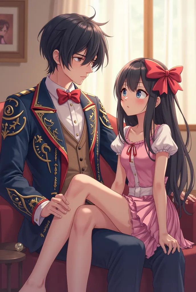 16-year-old female ager sitting on her legs, The man has black hair and light blue eyes.sitting on an armchair.The man is dressed like a woman. anime. The man is transdressed as a woman