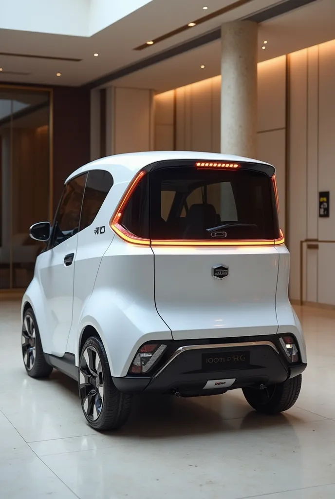 Back corner view of 2025 Bajaj RE E- tec auto rickshaw in white colour in a beautiful showroom