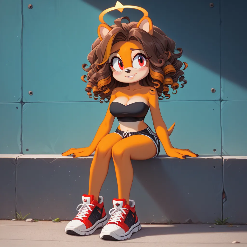 solo, mobian, hedgehog, two-tone fur ((orange fur, brown fur)), pyjama elastic shorts, strapless crop top, cleavage, high-top sneakers, two-tone hair (brown hair, black tip)), curly hair, halo, sunglasses, jewelry, red eyes, longeyelashes, red eyes, smile,...