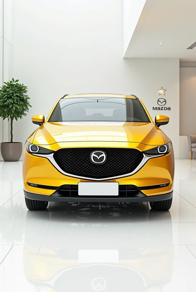 Mazda CX-70 2026 yellow 1. Straight Front View

"A hyper-realistic 8K 3D render of a luxury car in the most sharp, bright, silky glossy, and ultra-shiny finish, displayed as big, close, and zoomed-in in a pristine white-themed showroom. The high-gloss whit...