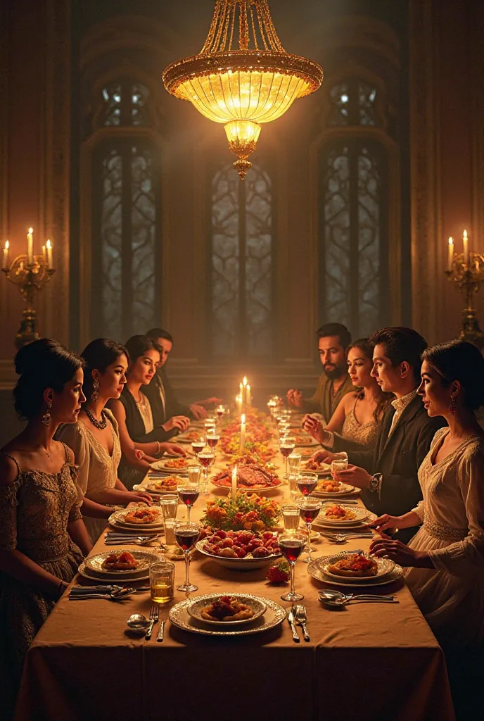 "A grand, candle-lit feast unfolds in a lavish dining hall set in the Spaniard-era Philippines, inspired by *El Filibusterismo*. A long wooden table is adorned with an abundance of traditional food—lechon, fruits, pastries, and goblets of wine—while a gran...