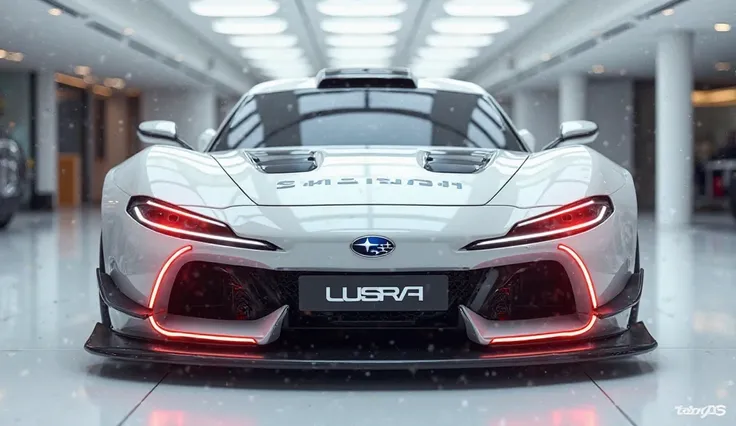 3D render of a heavily modified (2025 Subaru lusra)in(white )colour, (full front view) The car features closing doors, ultra-high-detail glossy and shiny modifications, including sleek add-ons. The () logo is prominently displayed on the closing doors, the...