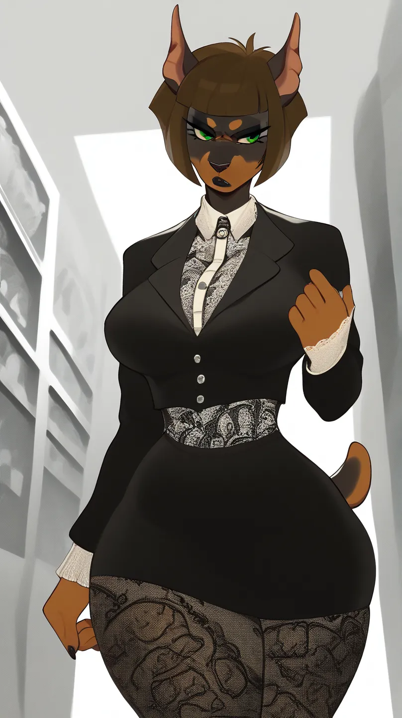 check_9, check_8_   upwards, check_7_   upwards, check_6_   upwards, check_5_   upwards, anthropomorphic furry female Doberman, a milf (30 years old)  brown hair, short hair,   blunt bangs, green eyes,  doberman tail  , doberman ears , serious facial expre...