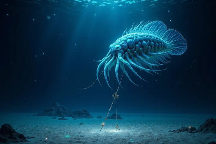 beautiful deep sea　High transparency　Cambrian
Anomalocaris is swimming
Are the Olenoids swimming too
Haplofrentis is swimming too　There are also trilobites
　seabed　sand　Moonlit Night　universe　star　Shine　realistic　 fantastic　like Christian Lassen　realistic　...