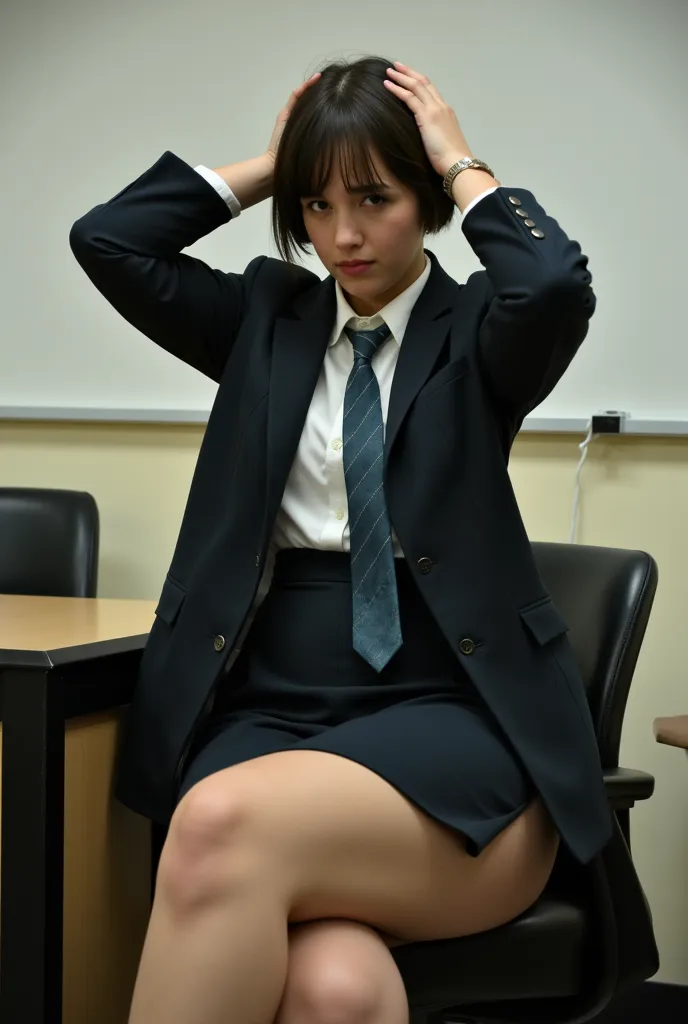 4k photograph of a slender young bimbo sitting in an office. (she has an upset face). She is wearing men's business casual clothing. She is wearing an oversized button-down shirt and a tie. Wearing a suit jacket. Her hands are on her head. scene from a mov...