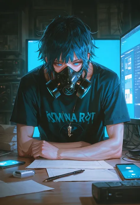 ((best quality)), ((masterpiece)), (detailed),guy animating cartoon, headphone, smart phone, pencil,pen, paper's,pc,Messy hair,male, t-shirt,Semi-Leaf hair Cut, Korean guy, realistic, necklace,blue eyes, screen,25 year old, smoking, HD quality, healthy bod...