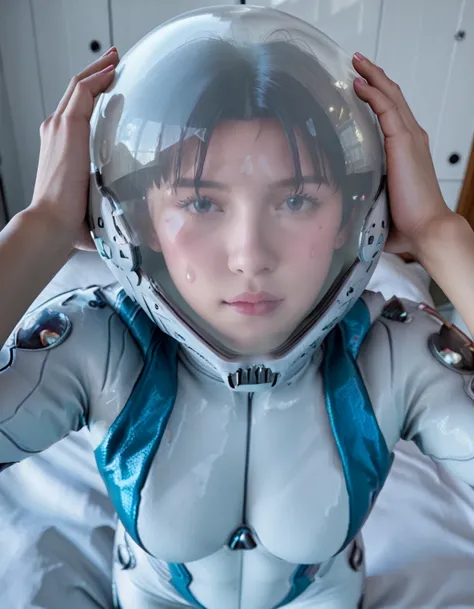 (spacesuit:1.15), , eva helm, eva helm,, space helmet masturbation, sweat, blushing, , looking at the audience,, indoors,masterpiece, best quality, 1girl, solo, {{{FROM above:1.7}}}, pread legs, , , short hair, ,(heart sayings:1.2)space helmet, space helme...