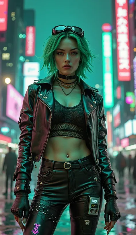 Create a striking image of a cyberpunk girl standing confidently in a neon-lit urban environment. She is a Caucasian woman with vibrant green hair styled in an edgy, asymmetrical cut. Her outfit is a bold combination of sleek leather and futuristic materia...