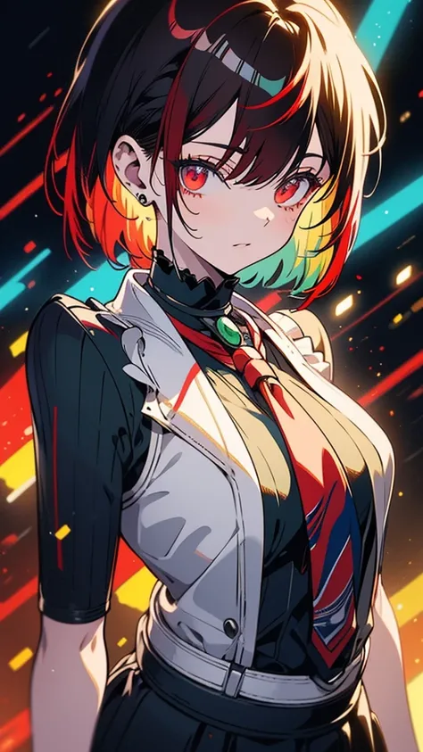 colorful anime, Beautiful girl with a bright red short bob and a hairstyle slightly mixed with bright peppermint green colors、bright sci-fi background, bright peppermint green shirt with red and black tie and white sweater、bright peppermint green miniskirt...