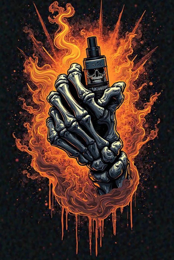 A bold, aggressive t-shirt design in black and orange featuring a detailed skeleton hand gripping a vape device. The fingers clutch the vape tightly, with thick smoke swirling around in a dynamic, high-energy motion. The background includes sharp, jagged l...