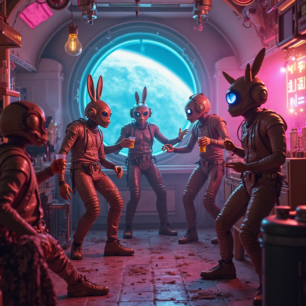 An alien party aboard a spaceship. Around us — colorful neon lights, dancing aliens and strange creatures, including a bun with a bottle of beer. Everything is illuminated by bright light from the, window through which you can see a distant planet. A cheer...