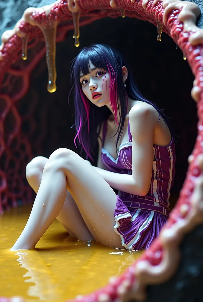 A Japanese woman with dark purple hair and wet pink highlights, eyes in bright purple, wears a cheerleader dress, a wet and melted purple and white miniskirt, a wet and melted white miniskirt, shocked, tongue-in-cheek, white-slime-filled skin, sat curled u...