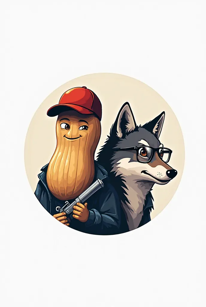 create a logo on a white circle background with two figures, a peanut in a baseball cap and a spray gun in his hand, and the other figure is a wolf and wears glasses, if it's easier just put their heads on the logo