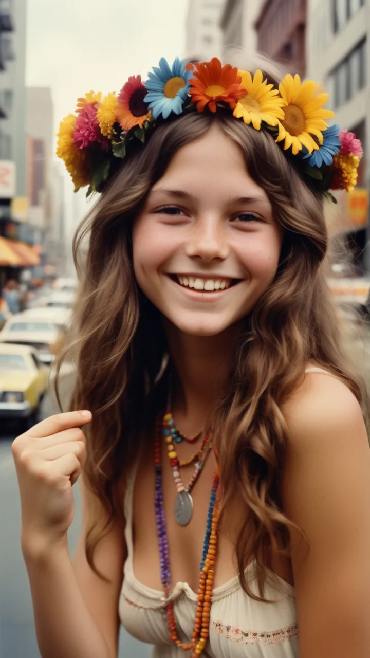 Imagine a breathtakingly cinematic photograph that captures the essence of the 70s: A young hippie girl, her brown hair cascading down in carefree waves, is adorned with a vibrant flower crown. She radiates joy and the spirit of the era, nude,  showing  he...