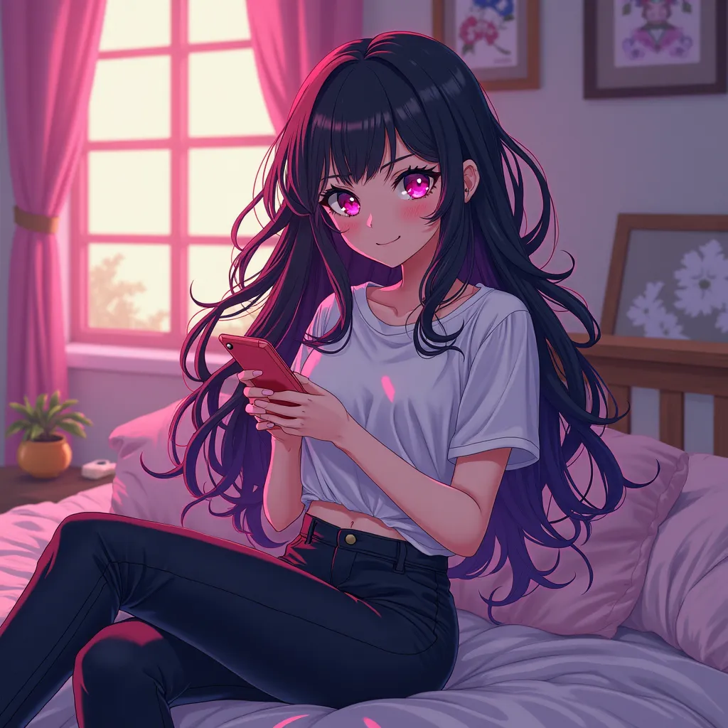 Anime 2d style of a girl with black hair and purple and pink highlights and beautiful pink eyes with short shirt and very tight pants in her room and with her cell phone