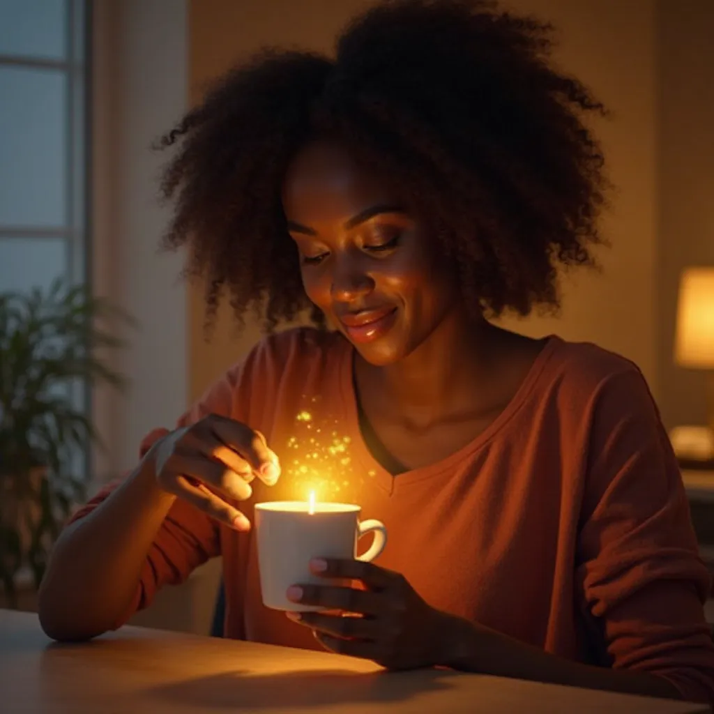 a full-bodied black woman holding a cup of coffee, around the cup a glowing aura of vibrant colors (as a touch of warmth, light and comfort), representing the feeling of well-being and pleasure. The scene is cozy , with subtle modern design elements, like ...