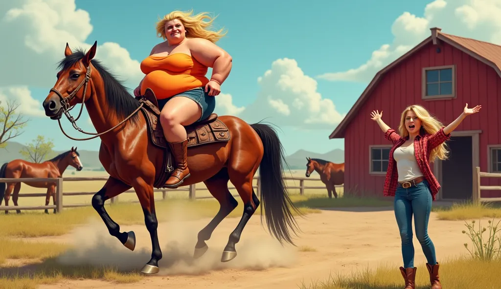 A realistic digital illustration of an overweight woman with wild blonde hair, wearing a bright and overly tight outfit, awkwardly riding a horse on a sunny ranch. She has an exaggerated, determined yet unbalanced expression as she grips the reins tightly,...