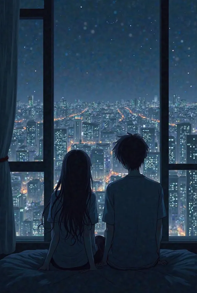 Anime city  landscape at night , one adult boy and one adult girl with long hair sitting in a top of building inside a room , looking at the dark city through a large glass window , 