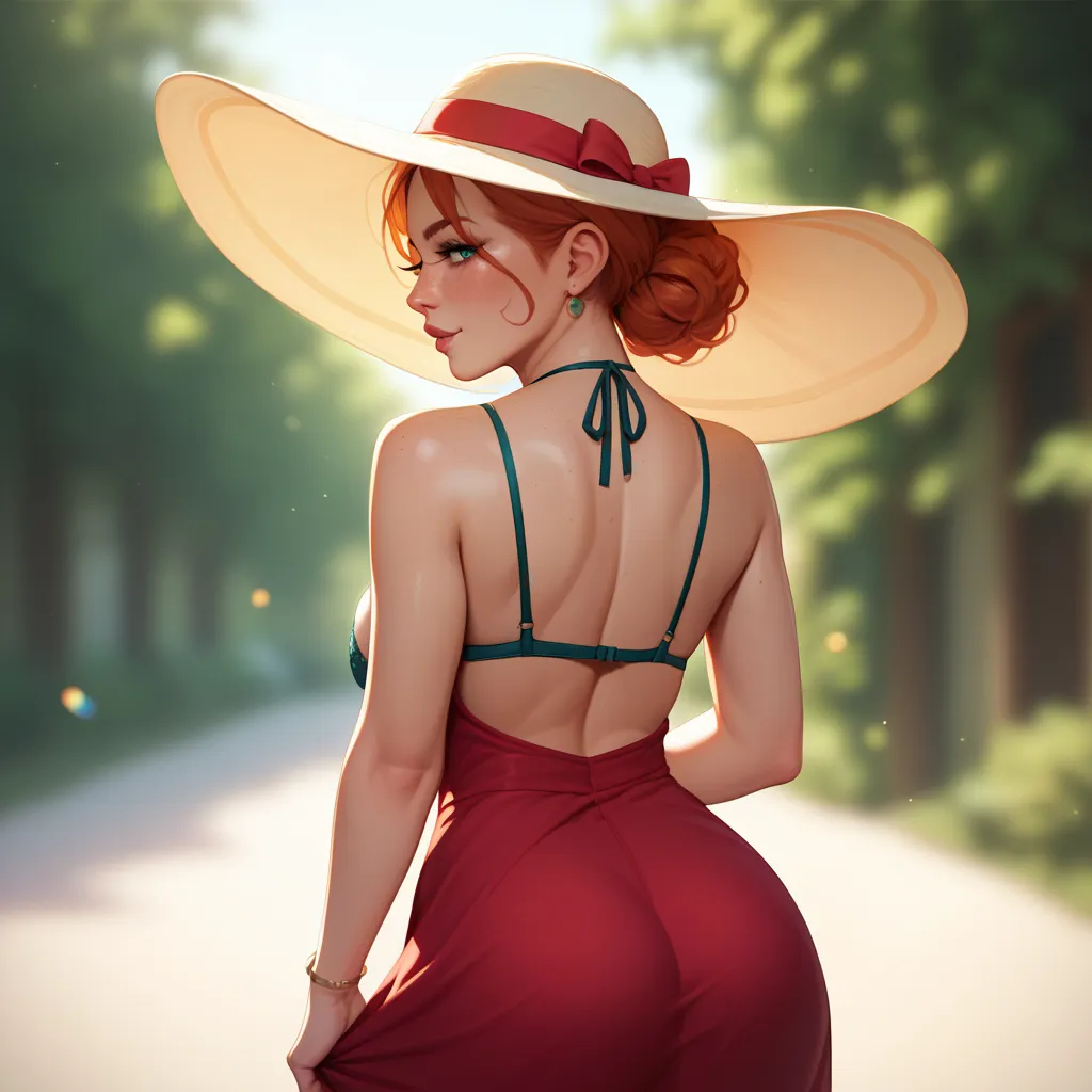 woman in body, redhead covered in freckles and hemp all over her body, with huge boobs in a micro bra , the skin is shiny, the background is blurred, lifted up her dress and you can see her ass, the sun is shining into the frame
