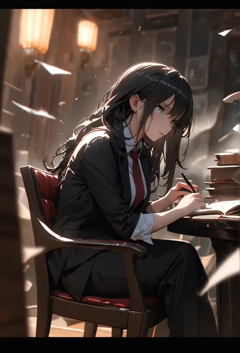 1 female, teacher, wearing white shirt, rolled up sleeves, black long pants, black hair, long hair, dense hair, face to detail, detailed eyes, bright white eyes, red tie, black suit, the background is smoke, he is covered in smoke. Sitting in a chair. Silv...