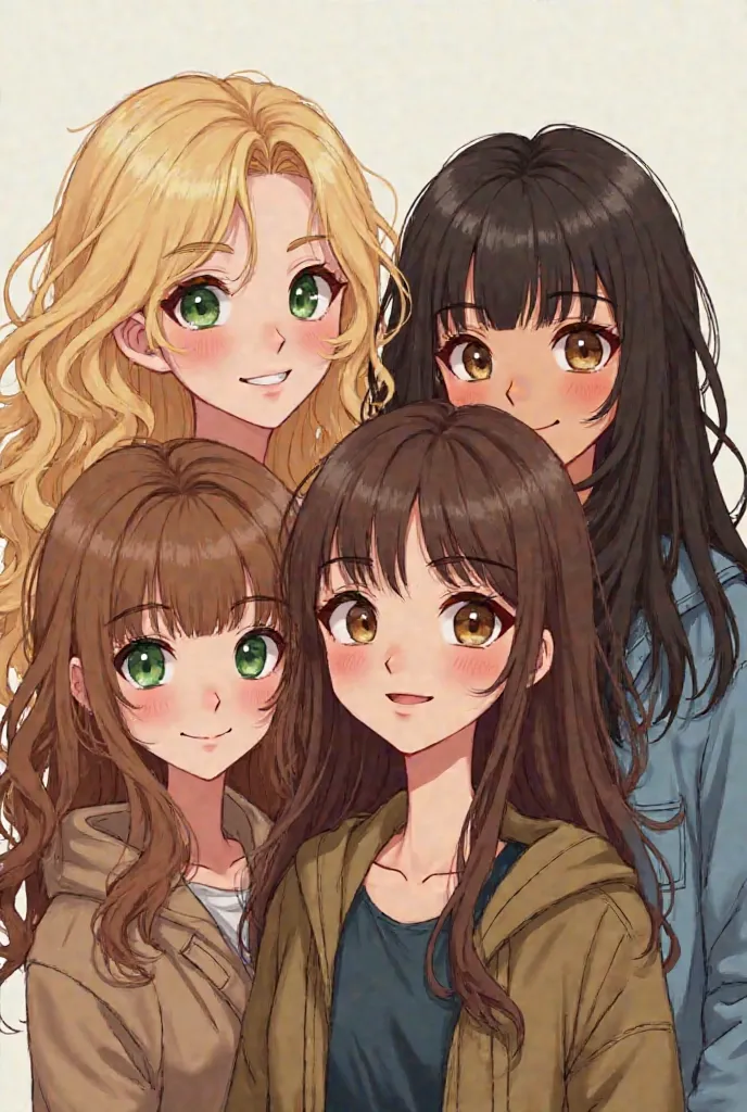 create an image of a group of friends containing 4 friends. The first blonde character, long curled hair with green eyes and white skin; the second character with long straight hair with bangs and brown hair and brown eyes and white skin; The third charact...